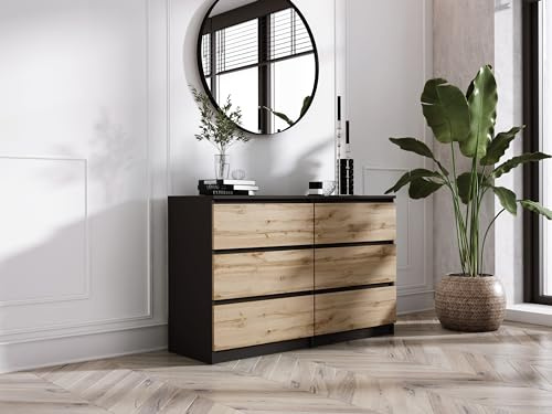 3xE Living Commode avec 6 tiroirs Noir & chêne wotan, L : 120 cm, H : 79 cm, P : 39 cm