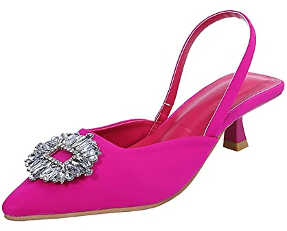 SOOUICKER Damen Slingback Kätzchen Absatz Pumps für Damen Mid Heel Diamant Spitze Zehen Hochzeit Abschlussball Kleid Sandalen, rose, 37 EU