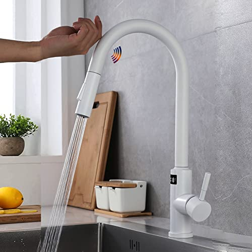 Yalsfowe Touch-on-Küchenarmatur, Küchenarmatur mit ausziehbarer Dusche, Smart-Sensor-Küchenarmatur aus Edelstahl, Küchenspüle-Wasserhahn mit Temperaturanzeige, 360°-Küchenmischbatterie,Weiß