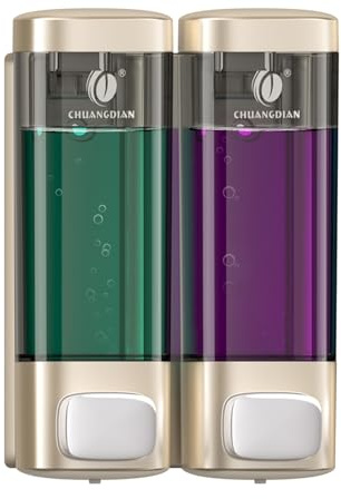 CHUANGDIAN Seifenspender Wandbefestigung, Gold, 320 ml x 2 Kammern | Ohne Bohren, Nachfüllbare Transparente Flaschen, Für Shampoo, Spülung, Duschgel, Handwäsche, Für Badezimmerdusche