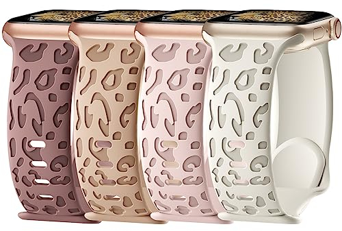 Jiamus 4 Stück Leopard Gravierte Armbänder Kompatibel mit Apple Watch Armband 40mm 41mm 44mm 38mm 45mm 49mm 42mm Damen Herren,Sport Silikon Ersatzarmband für iWatch SE Ultra 2 Series 9 8 7 6 5 4 3 2 1