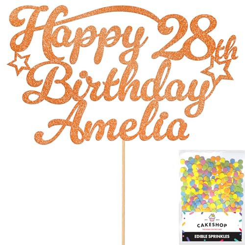 Personalised Happy Birthday Glitter Cake Topper Stars - Rust Orange Any Name & Any Age Glitter Cake Decoration and Sprinkles - Happy Birthday Decorations - Personalised Toppers for Cakes by Cakeshop