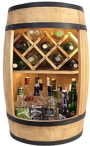 WEECO Montabile con porta vino e illuminazione a LED, barile in legno, decorazione rustica, armadio da bar, portabottiglie, portabottiglie di vino, regalo per whisky, Mobile bar Grappa, marrone chiaro