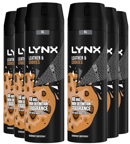 Lynx XL Body Spray 48-Hours High Definition Men's Fragrance Protect from Sweat and Odour with the Unique Scent Masculine Deodorant Spray for Men, 200ml (Leather & Cookies, Buy 6)
