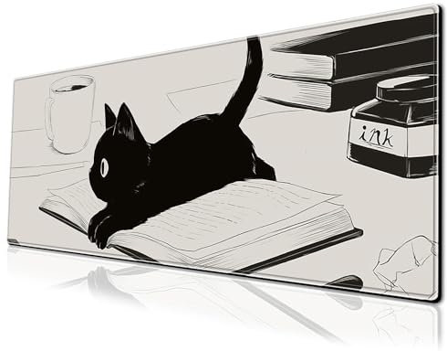 Cute Anime Black Cat Gaming Mouse Pad Large Cartoon Desk Mat, 31.5x11.8 Inch Mousepad Extended Non-Slip Rubber Base Keyboard Mat with Stitched Edges for Desk Home Office