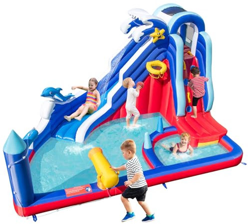 COSTWAY Inflatable Water Park, Kids Bouncy Castle Jumper House with Slide, Climbing Wall, Water Gun, Basketball Hoop and Splashing Pool, 413 x 300 x 235cm