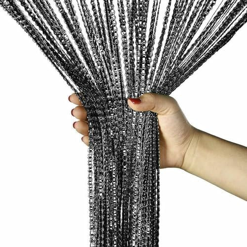 Yulun0328 String Curtain Panel, Glitter Retro Plain Tassel Door Curtain Fly Insect Bug Screen String for Doorway Living Room Party Events (Black, 100 * 200cm)