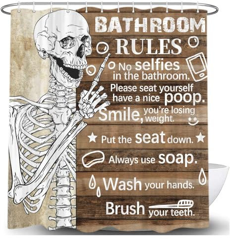 Lustiger Get Naked-Duschvorhang, Badezimmer-Regeln, lustiger Gothic-Horror-Totenkopf-Duschvorhang, Stoff-Duschvorhänge-Set für Herren, Badezimmer, dekorativ, Gothic, Funky, Skelett, Toilette,