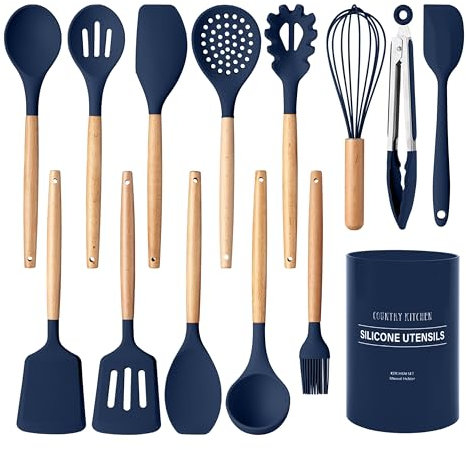 Country Kitchen Non Stick Silicone Utensil Set with Rounded Wood Handles for Cooking and Baking, 14 Piece Set, Navy