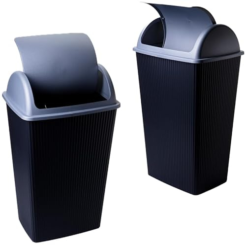 SUSTANIA Mülleimer Küche & Büro 50L,2er Pack - Abfalleimer mit Schwingdeckel, 60x38x26 cm, Robust, Recycelbarer Kunststoff, Schwarz/Silber, Made in EU