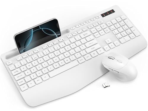Wireless Keyboard and Mouse Combo, Full-Size Ergonomic Keyboard with Wrist Rest, Phone Holder, Sleep Mode, Silent 2.4GHz Cordless Set for Computer, Laptop, PC, Mac, Windows (Black) (White)