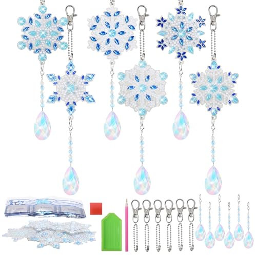 WEDNOK 6 Set Schneeflocke Diamond Painting Sonnenanfänger Schneeflocke Bastelset Kristall Anhänger Weihnachtsdeko Suncatcher zum Basteln für Kinder Winter Weihnachten Weihnachtsbaum Fenster