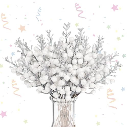 Ganbaro 16 Pcs artificial berries, white berry stems, Glitter White Artificial Berries Stems, berries christmas decorations, berry picks Wreath Making Supplies DIY Crafts Holiday Season Home Decor