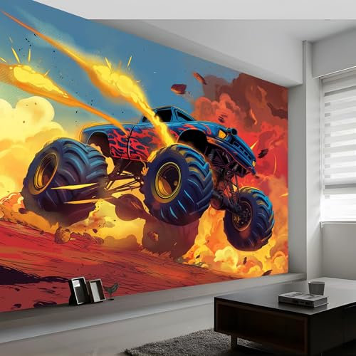 Wallpaper 158 x 110/400 x 280 cm(WxH) Non-Woven 3D Bedroom for Living Room Children's Room TV Background Wall Decor, Blue Red Decorative Wall Paper with Cartoon Monster Truck Pattern