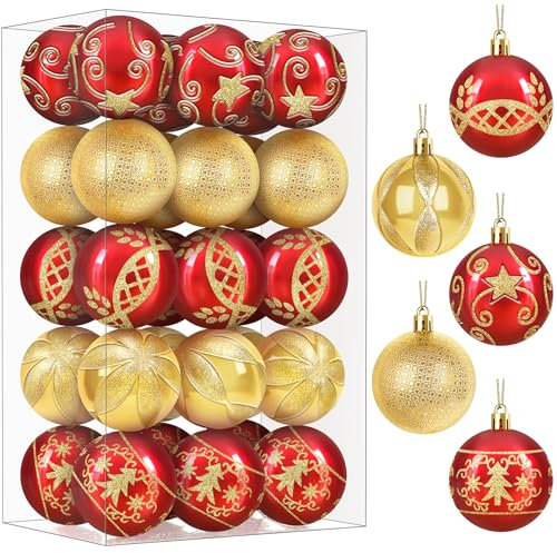 Bolas de Navidad Rojas y Doradas 6cm 30 Piezas, Adornos Árbol de Navidad Plástico Grandes con Cuerda para Decoración Interior y Exterior
