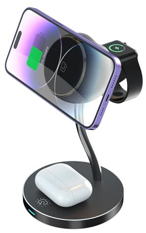 REFLEX CAMERA 4 in 1 Wireless Magnetic Charger Station for iPhone/iWatch/Airpods Bedside/Desktop 3 in 1 stand + LED Lamp, Fast 15W Charging, Works with iPhone 16 pro, 16, 15 14, 13,12,11- Black