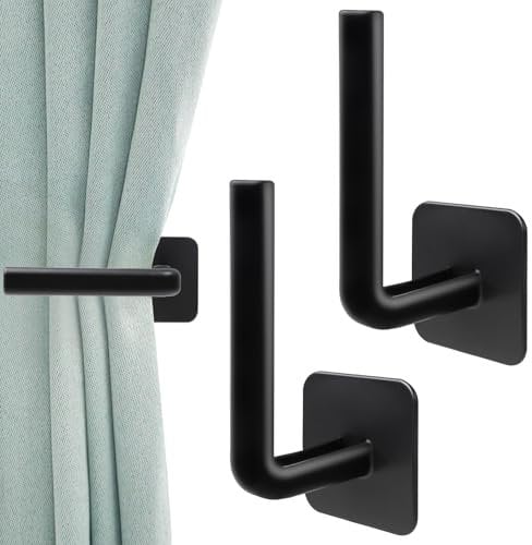 2 Pack Curtain Holdbacks Adhesive Curtain Tie Backs Hooks, L Shaped Curtain Holdbacks No Drill Black Tie Backs for Curtains, Wall Mounted Curtain Hooks for Home Decor Living Room Bedroom
