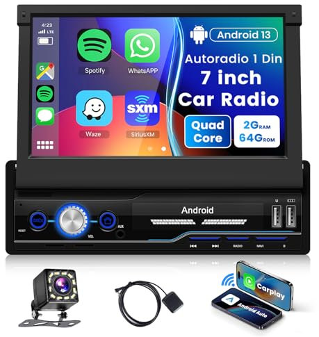 2G+64G Android Radio para Coche 1 DIN Inalámbrica Carplay Android Auto, 7 Pulgadas Retráctil Manual Pantalla Coche con Mirror Link Bluetooth Dual FM/RDS EQ WiFi Navegación GPS USB Control del Volante