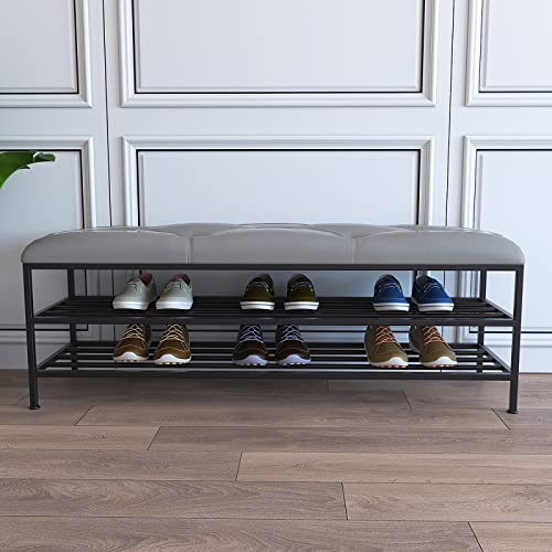 SERZHVFD Schuhaufbewahrungsbank für den Eingangsbereich in Grau – Moderne Schuhbank mit goldenem Schuhregal und Sitzbank aus Kunstleder – Schuhregal-Bank-Organizer