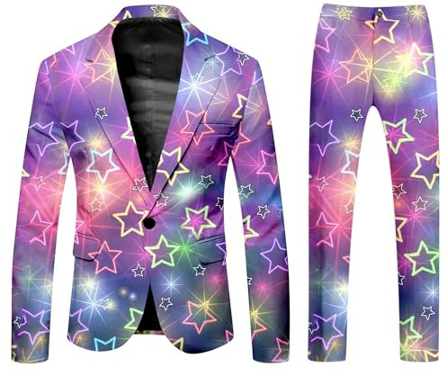 RUMAOZIA Anzug Kostüm Herren Lustiger Masken Anzug Prom Suits Party Jacke und Hose 2 Teilig Set Karneval Mottoparty kostüm Faschingskostüme mit Bunten Drucken 60er Jahre Pop Art Style Outfit