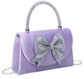 Fontanella Fashion Women's Elegant Evening Clutch Bag Rhinestone Bow Top Handle Sparkly Handbag Stylish Chain Strap Secure Closure (Lilac)