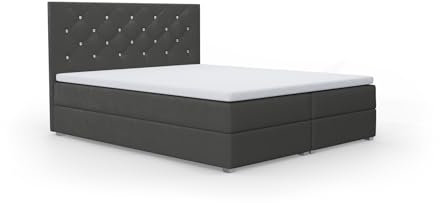FurniDe24 Boxspringbett mit 2 Bettkästen und Taschenfederkernmatratze H3, Bett mit Zierknöpfen am Kopfteil, Topper-Matratze 3cm, verstärkter Rahmen, dunkelgrau Plüsch, 140x200cm - Fano