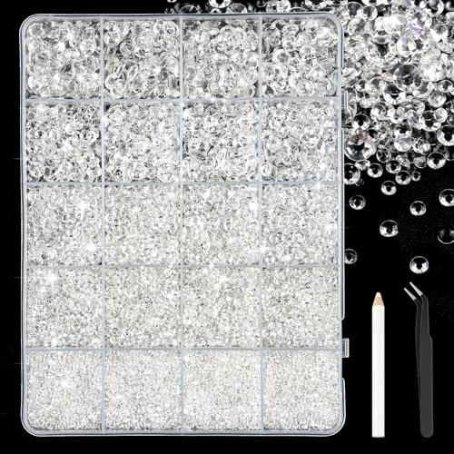 Bouiexye 28000 Pcs Transparent Color Resin Rhinestones 2-6 mm Bedazzling Crystal Flatback Rhinestones with Tweezers for DIY Crafts Shoes Clothing Glasses Nail Art