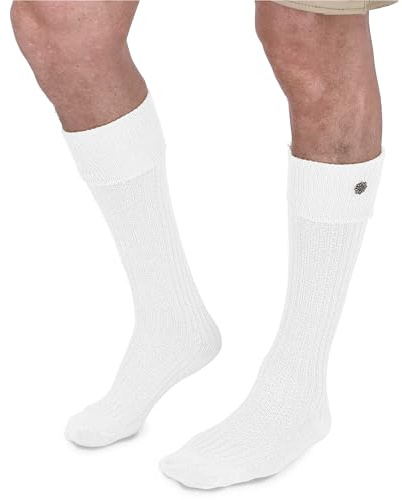 Steigenhöfer Manufaktur Trachtensocken Herren und Damen Lang – Klassische Trachtenstrümpfe im Zopfmuster – Oktoberfest Strümpfe aus Baumwolle für Männer & Frauen – Weiß mit Edelweiß – 45-46