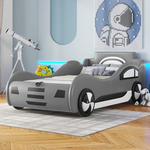 Zepneiy Kinderbett mit Unterbettstauraum,Modell Autobett 90x200 mit Lattenrost fürJunge, Einzelbett Jugendbett Bettgestell Aus PU Grau (Ohne Matratze)