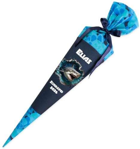 Deine Schultüte aus Stoff Kuschel Velvet Wunschmotiv individualisierbar mit Wunschname personalisierbar 70 cm 85 cm – Jungs (70 cm mit Kissen, Modell 11: Hai)