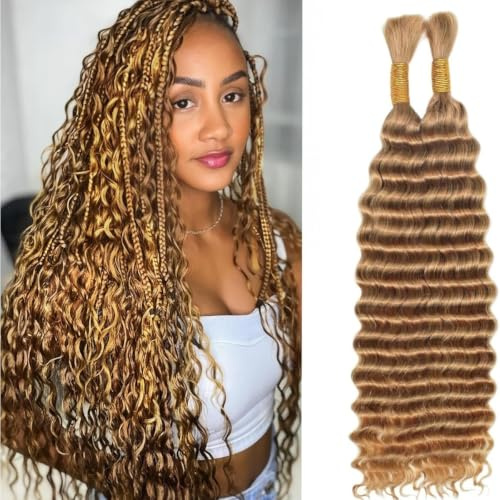 Deep Wave Bulk Human Hair for Boho Braids Haarverlängerung Weaving Echthaar Natürlich Unbehandelt No Weft Brasilianisches Haar Virgin Color 27# Human Hair Extension 20 Inch 2 Braids/Pack 100g