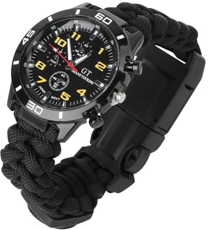 FRCOLOR Tactical Survival Watch with Compass Thermometer Braided Paracord Wristwatch for Hiking Camping Outdoor Adventure Black