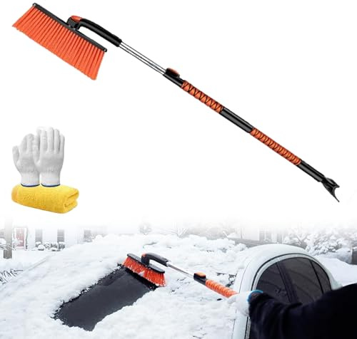 KINDLUME Grattoir Pare Brise Voiture, Raclette Vitre Voiture, Grattoir à Glace 5-en-1 Télescopique avec Brosse Rotative 360° pour Le Nettoyage Efficace du Toit, des Vitres Et De La Carrosserie