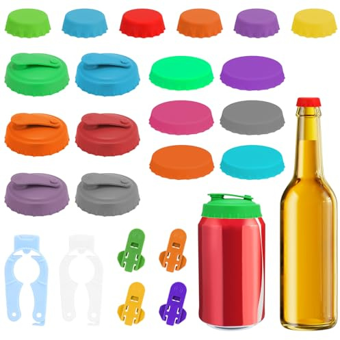 Juego de Tapas para Latas de Refresco, Apto Latas Bebidas Tamaño Estándar | 12 Tapa Latas Refresco 6.5 cm, 6 Tapón de Botella de Cerveza 3.2 cm, 6 Abrelatas de Cerveza de Soda