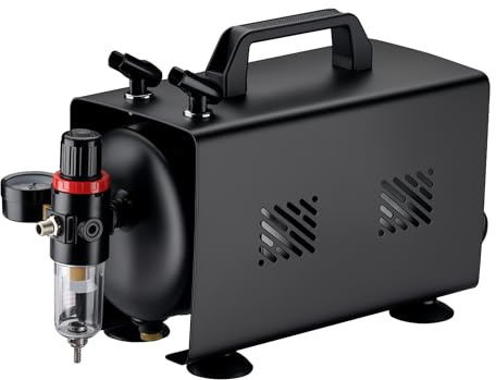 Wiltec Compressore aerografo AS18TB 1/6 CV, con portata d'aria 20-23 l/min, compressore silenzioso per pistola aerografo con serbatoio da 1 litro, aria compressa per aerografia