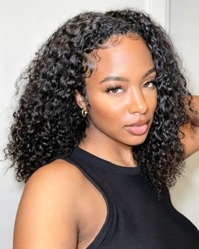 Curly Half Wigs 200 Density 3 In 1 Seamless Flip Over Half Wigs Human Hair Glueless Wear and Go Beginner Friendly Kinky Curly Human Hair Drawstring Headband Wig for Women 16 Inch