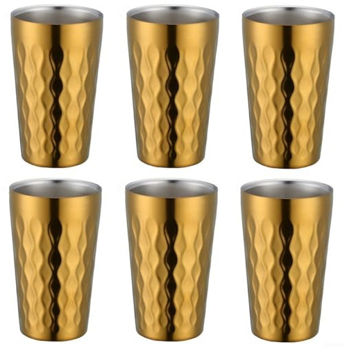 Doppelwandige Edelstahl-Wasserbecher, 330 ml, 6 Stück, stapelbare Becher für den Innen- und Außenbereich (Gold)