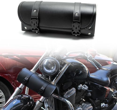 yolzhxe Universal Motorrad Satteltasche, Wasserdicht Pu Leder | Motorrad Werkzeugtasche, Schwarzer Retro Motorradtasche mit 2 Verstellbaren Gurten für Lenker, Gabel und Rahmen