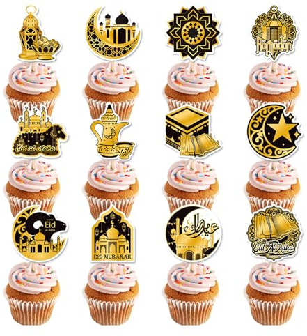 Bubaxuce 24 Stück Eid Mubarak Cupcake Topper, Mond & Stern Ramadan Kareem Cupcake Topper für islamische muslimische Eid-Feiern & Kuchen