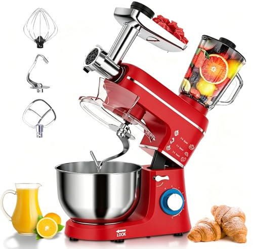 LURECAQING 5 in 1 Robot da Cucina Multifunzione 1400W, 10L Ciotola in Acciaio Inox, Gancio impastatore + tritacarne + spremiagrumi, Ventosa Antiscivolo, per Pizza & Pane & Pasta, per Famiglia Red