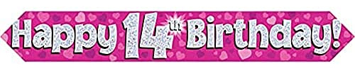 9ft Banner Happy 14th Birthday Pink Holographic