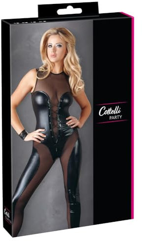 Cottelli Collection Overall Wetlook - verführerischer Overall für Frauen, erotischer Catsuit im glänzendem Wetlook, Zipper im Schritt, schwarz