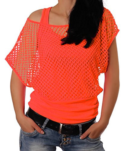 Crazy Age - Top estivo da donna, a rete, colori fluorescenti, alla moda e ideale per feste e celebrazioni arancione fluo S-M
