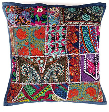 Rastogi Handicrafts Handgefertigtes Patchwork-Kissen, Sari-Patch, Überwurfkissen, indische ethnische Kissenbezüge, bestickter Sari-Patchwork-Kissenbezug, dunkelblau