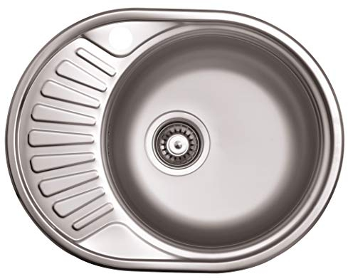 VBChome Einbauspüle 57x44 aus hochwertigem Edelstahl rundes Spülbecken mit Ablagefläche links rechts klassische Küchenspüle modernen Design Seidenglanz (links)
