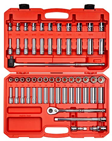 TEKTON 1/2 Inch Drive 6-Point Socket and Ratchet Set, 57-Piece (3/8-1 in., 10-24 mm) | SKT25301