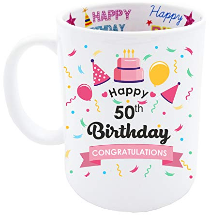 Mainly Mugs Regalo de 50 cumpleaños para mujer, diseño rosa con texto en inglés Happy Birthday