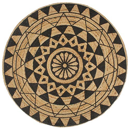 Festnight Teppich Outdoor Teppiche Rund geflochten für Garten oder Balkon Handgefertigt Jute Rund mit Schwarzem Aufdruck 90 cm