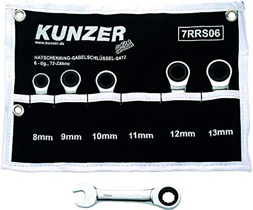 Kunzer 7RRS06 Ratschen-Ringmaulschlüsselsatz Stubby, 6-teilig in Rolltasche - Set aus Stahl - 8-13 mm mit 72 Zähnen