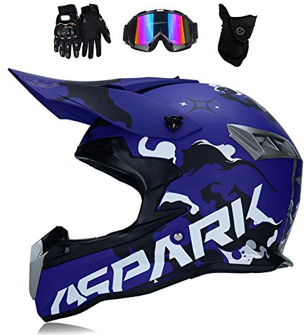 MRDEAR Crosshelm Herren BMX Motocross Helm Blau mit Brille (4 Stück) Full Face MTB Helm Motorradhelm Schutzhelm für ATV Downhill Enduro Sport Sicherheit Schutz mit Abnehmbar Futter,S